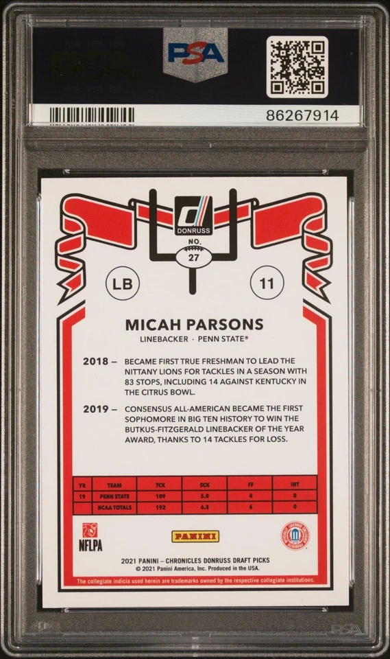 2021 CHRONICLES DP MICAH PARSONS DONRUSS ROOKIE CARD PENN STATE #27 RC PSA 10 🔥 - Image 2 of 4