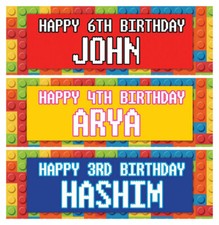 Birthday banner personalised building block brick children nursery kid toy party