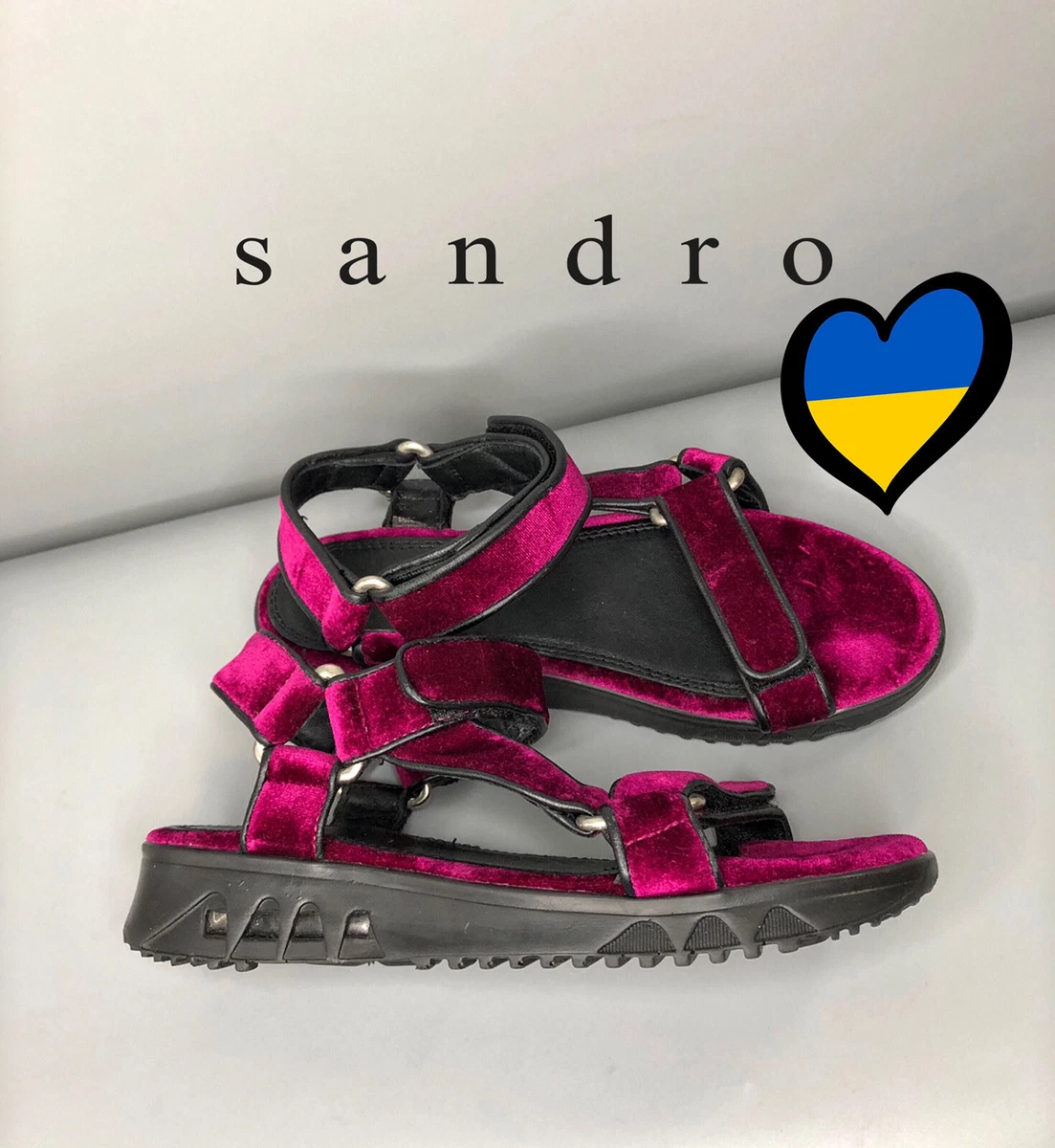Sandro Leather Sandals Black Fuchsia Velvet Wedge Open Toe Slingback Size 37 New