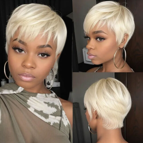 Pelucas rubias 100 % cabello humano peluca corta corte pixie con flequillo ninguno encaje pegamentos peluca - Imagen 3 de 9