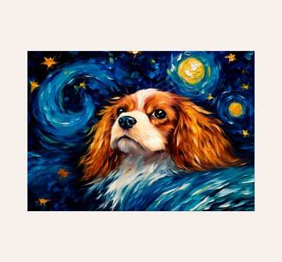 Cavalier King Charles Spaniel Dog in Starry Night Poster Print A3 Size