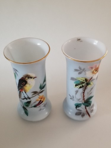 Pair Antique Bristol Aqua opaline glass vase hand painted flowers & Bird - Picture 2 of 12