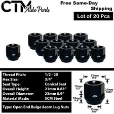 20Pc BLACK 1/2-20 OPEN END BULGE ACORN WHEEL LUG NUTS 0.83" FIT DODGE/JEEP/MORE