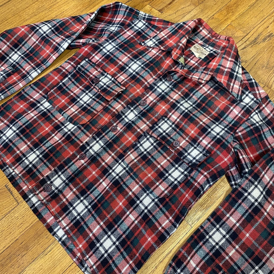 复古 50 年代 Buck Skein Joe 格子羊毛衬衫 M/L 方形法兰绒红色绿色裁剪 — 第 3/4 张图片