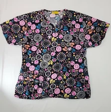 Wonder Wink Brand Scrub Top Black Party Hearts Flowers Design Cute Top