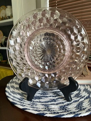 Set Of 4, Vintage Jeanette Cubist Pink Glass Plates/ Saucers 8”. Used Excellent