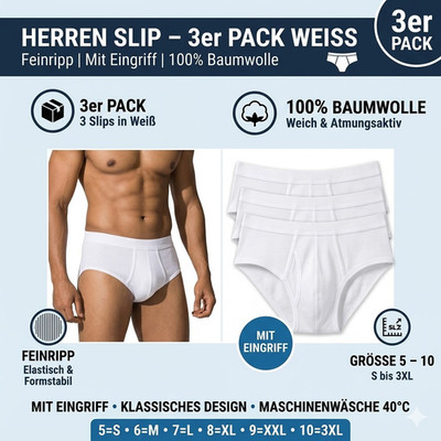 Men's briefs 3 pack white cotton fine rib with fly size 5-10 S-6XL underpants