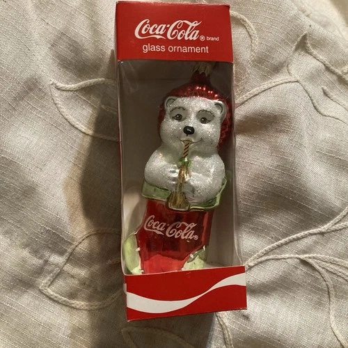 Vintage 1998 Kurt Adler Coca-Cola Glass Polar Bear Glitter Metallic With Box