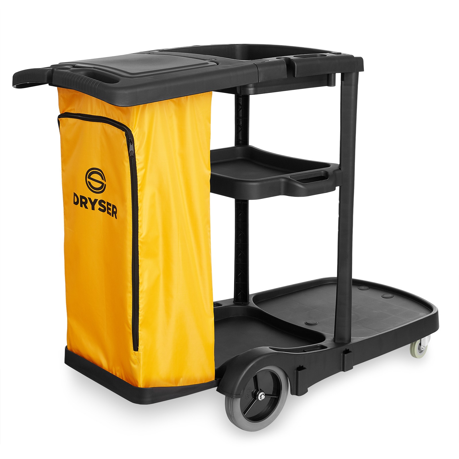 Commercial Janitorial Cleaning Cart Caddy with Cover - Shelves, Vinyl Bag, Black