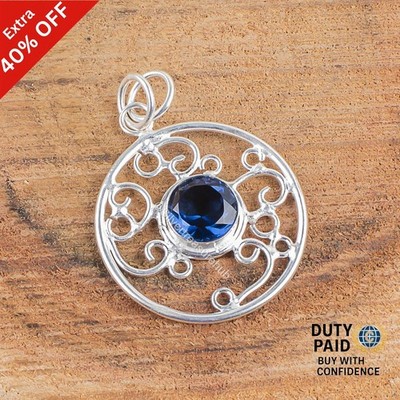 925 Sterling Silver Round Natural London Blue Topaz December Birth Bezel Pendant