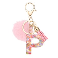 Alphabet Initial Letter P Keychain, Cute Tassel Fur Ball Pom Key Chain, Pink