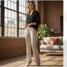 NWT Zara Gold Sequin High Waisted Wide Leg Pants Sparkly Glam Statement Festive