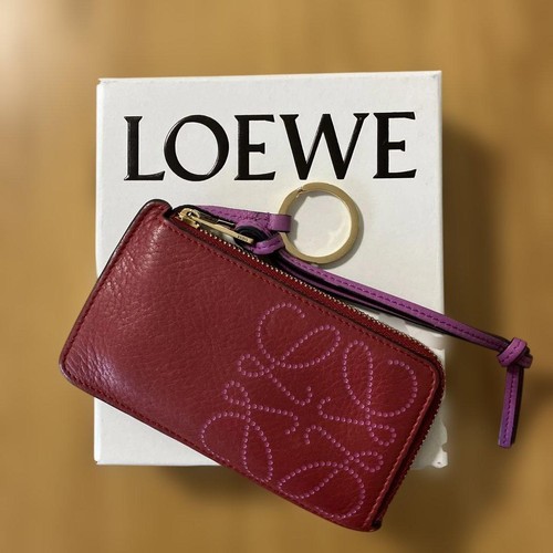 LOEWE Anagram Leather Zip Card Holder Coin Case Key Ring Red Purple