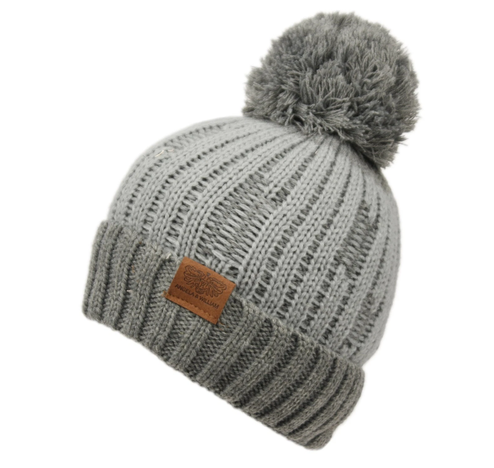 Woman's Knit Pompom Two Tone Winter Beanie Hat Cuff Skull Cap