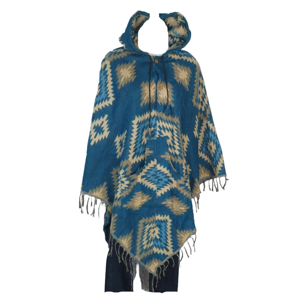 Poncho|2 Botones| Capucha con Cordón+Bolsillo|Boho|Azteca|Mezcla de Lana Yak|1 Talla| Aqua Foto 2 de 4