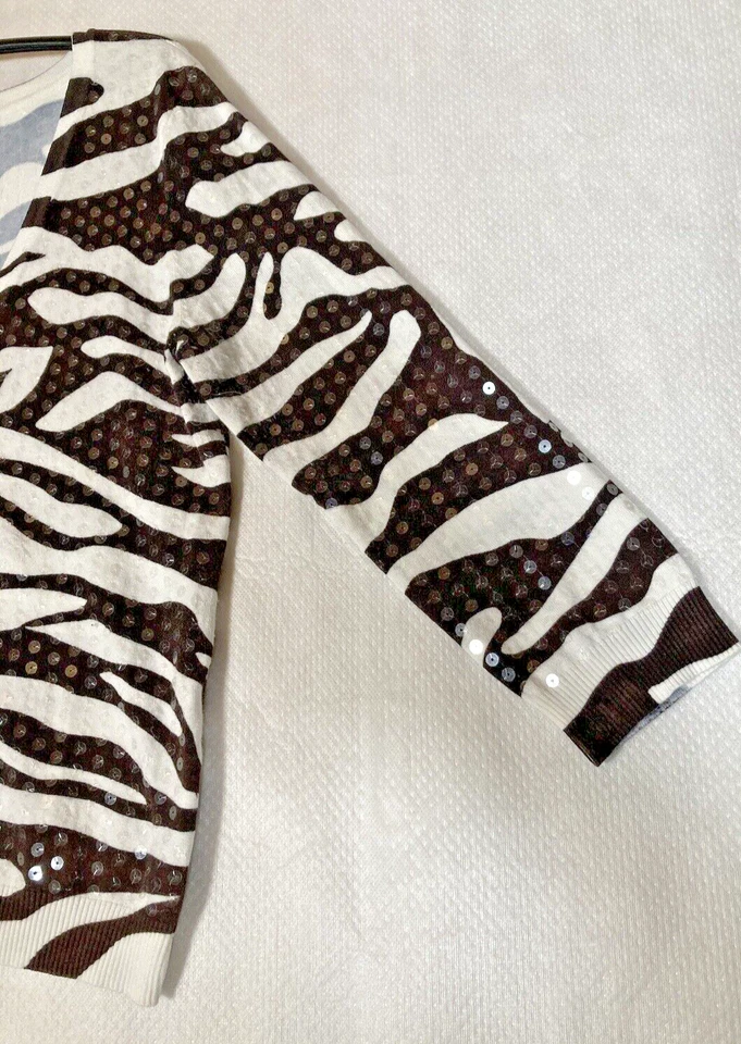 Cárdigan INC International Concepts Mujer Mediano Marrón Lentejuelas Trabajo Animal Cebra Foto 3 de 4