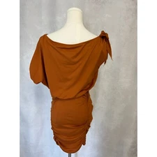 Ruched Mini Dress One Shoulder Tie Neck Party Cocktail Brown Size S