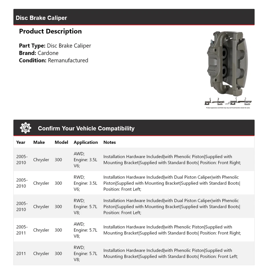 For 2005-2011 Chrysler 300 Disc Brake Caliper Cardone 2006 2007 2008 2009 2010 - Image 2 of 4