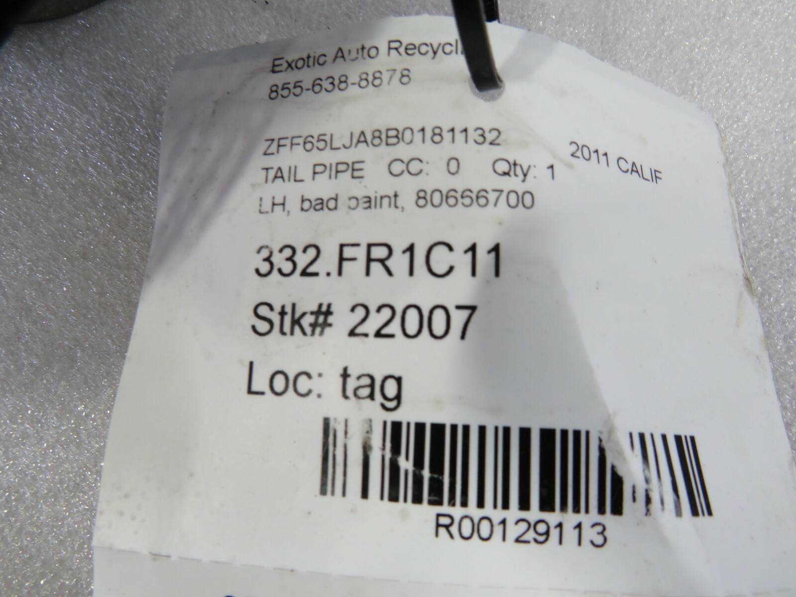 Ferrari California, LH, Left, Tail Pipe, Bad Paint, Used, P/N 80666700