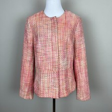 Talbots Tweed Blazer Jacket Womens 10 Pink Orange Zip Up Career Office Workwear