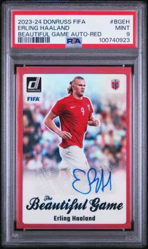 2023-24 Donruss FIFA Erling Haaland Red Prizm Beautiful Game Auto PSA 9 /49