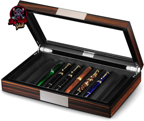Wood Pen Box 10 Pen Organizer Box,Glass Storage Box with Lid,Top Glass Window Pe - Picture 1 of 8
