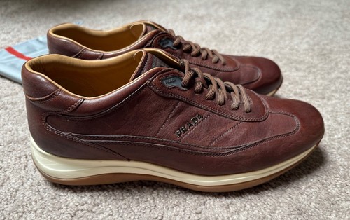 ZAPATOS PRADA ELEGANTES INFORMALES DE CUERO MARRÓN TALLA PARA HOMBRE 9 EE. UU. (8 REINO UNIDO) ¡COMO NUEVOS! - Imagen 4 de 6