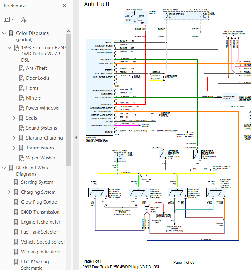 Ford F-250 1993 Wiring Diagram Color and Black/White V8 7.3L DSL