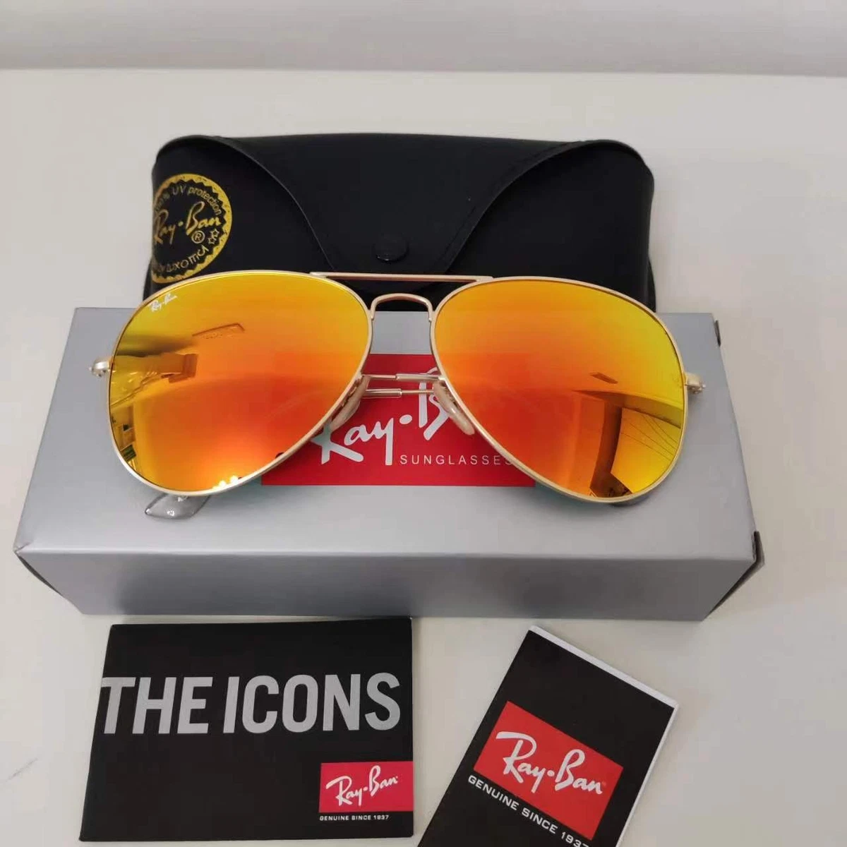 RAY-BAN Orange Amber Tinted
Mirrored Unisex Aviator Sunglasses Ray Ban RB3025 AVIATOR LARGE METAL 002/4O 55M Shiny Black  main image 3
