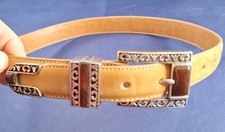 Vtg 1996 Brighton Leather Southwest Style Belt Western Buckle Theme Boho 7FB