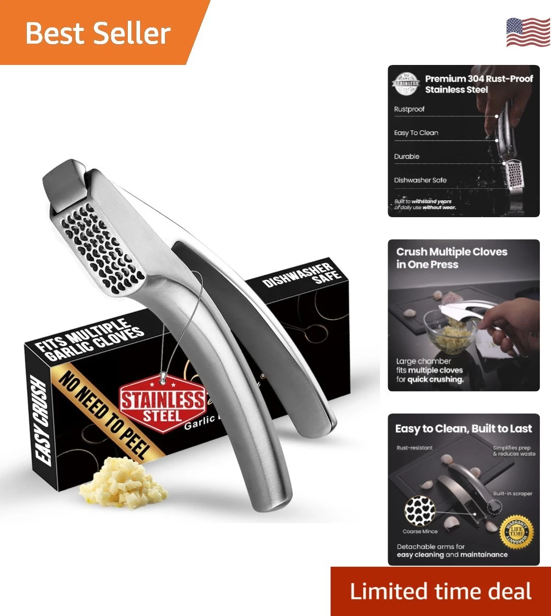 Stainless Steel Garlic Press - No Peeling, Detachable Handle, Dishwasher Safe
Opens in a new window