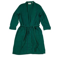 VTG LL Bean Green Flannel Bathrobe Blue Trim Tie Waist USA Made FLAW Size L