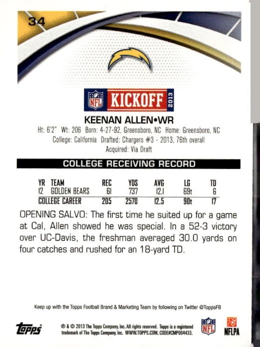 2013 Topps Kickoff #34 Keenan Allen - Image 2 of 2