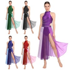 Womens Dress Modern Dancewear Carnival Bodysuit Stage Leotard Dress Slit Hem