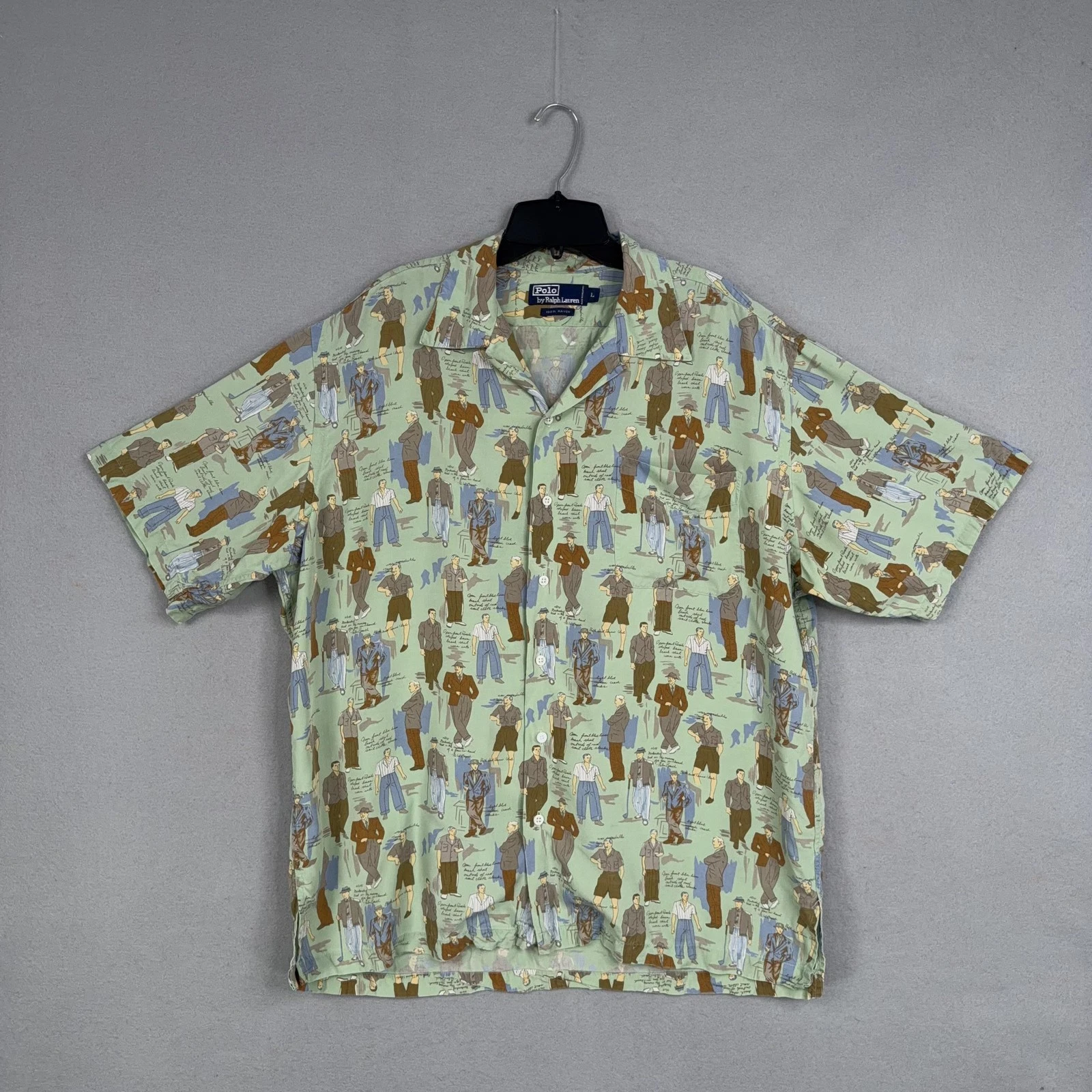 Vintage Polo Ralph Lauren Shirt Mens Large Camp Golf Hawaiian Green Novelty AOP