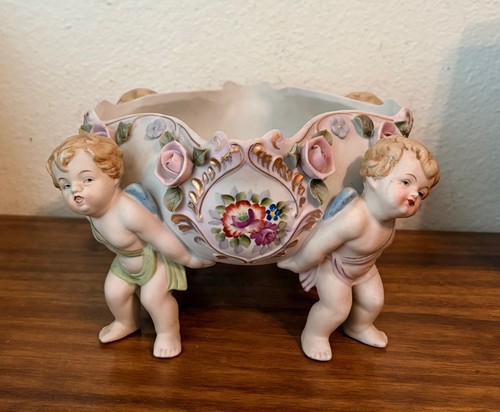Antique Vintage German Bisque Porcelain Putti Angel Cherub Bowl  9"