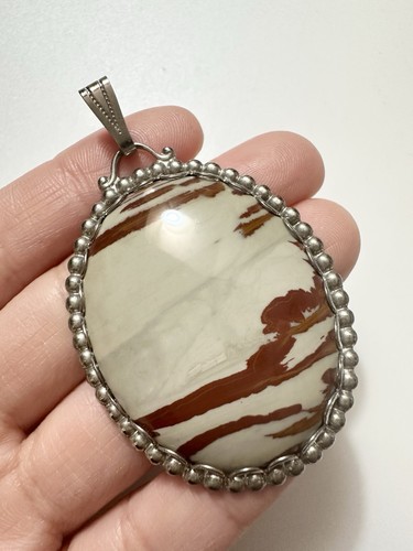 Vintage Scenery Jasper Oval Pendant Large Silver Tone