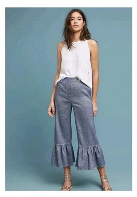 Anthropologie Ett:Twa Pants Women's 10 Blue Chambray Linen Capri Ruffle Trousers
