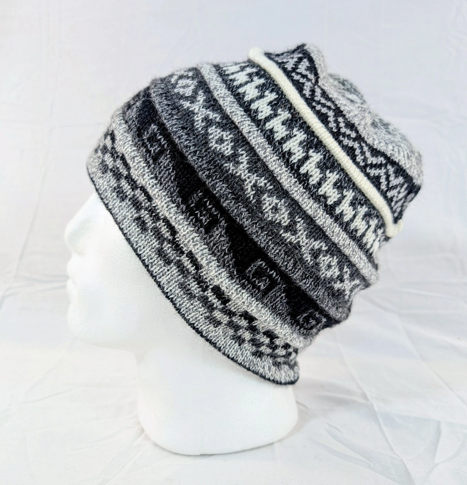 Soft Baby Alpaca Reversible Gray Black Beanie Unisex Colorful Boho Llama Peru