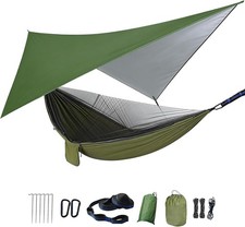 Camping Hammock W/ Rain Fly Tarp Mosquito Net Heavy Duty Tree Straps Portable