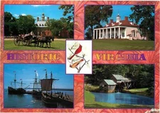 Postcard 4 Views of Historic Virginia, Mt Vernon, Mabry Mill, Governor's Palace