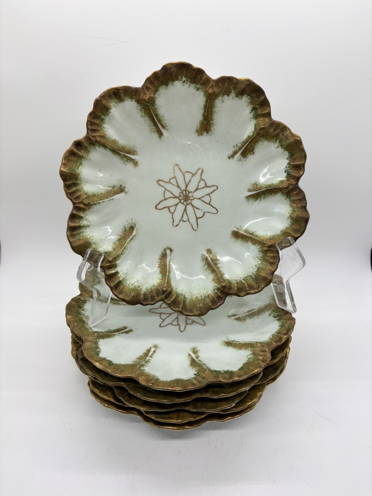 Limoges France Lanternier 7” Plates Set 6  Edelweiss Gold 1890's
