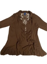 IZOD Ladies XL Ruffled Filigree Lace Cardigan Tee Fabric Brown 3/4 Sleeve