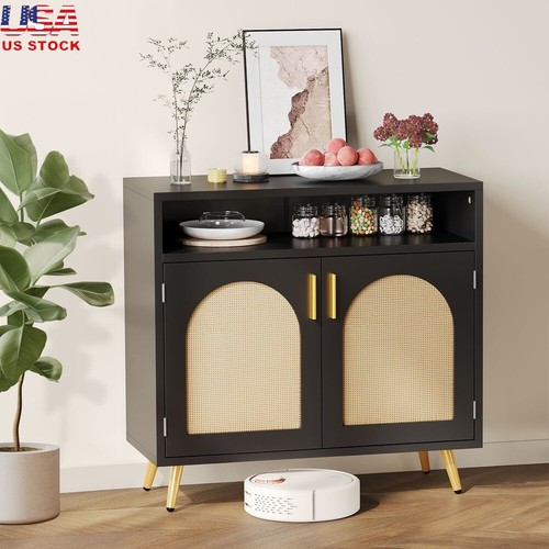 Rattan Accent Buffet Sideboard Storage Cabinet Adjustable Shelves Modern Design