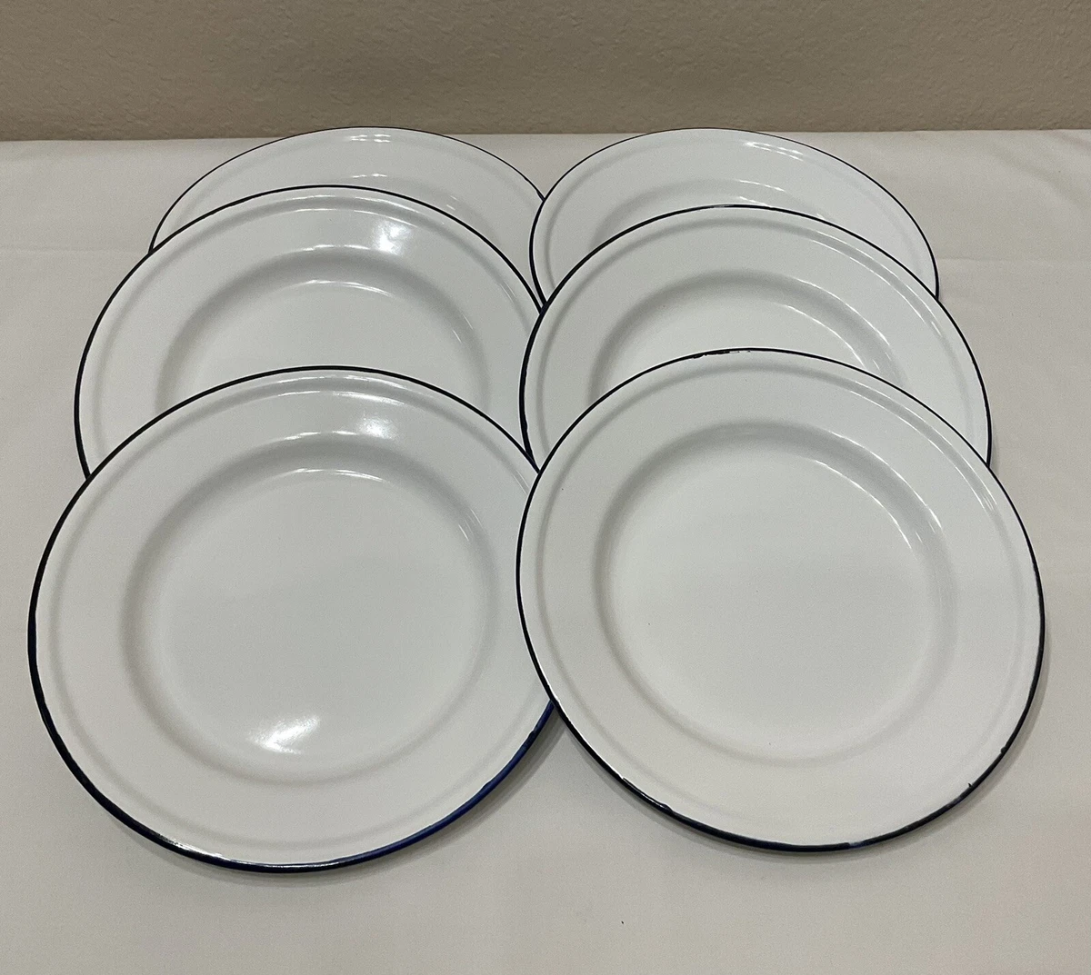 6 Pottery Barn 10 in White Enamel Metal Charger Navy Trim Plates Party ware Camp