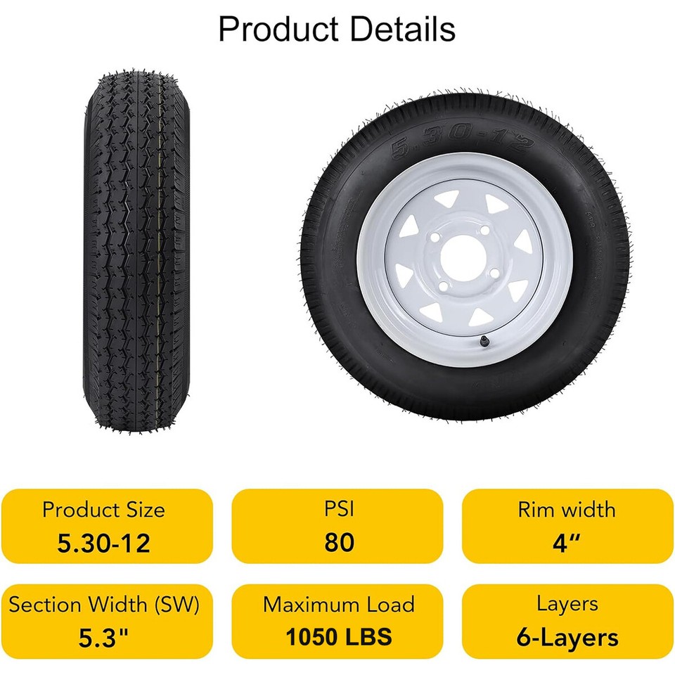 🆕2PCS 5.30-12 5.30x12 Trailer Tires with 12'' Rim 4 Lug on 4'' 6PR Load ...