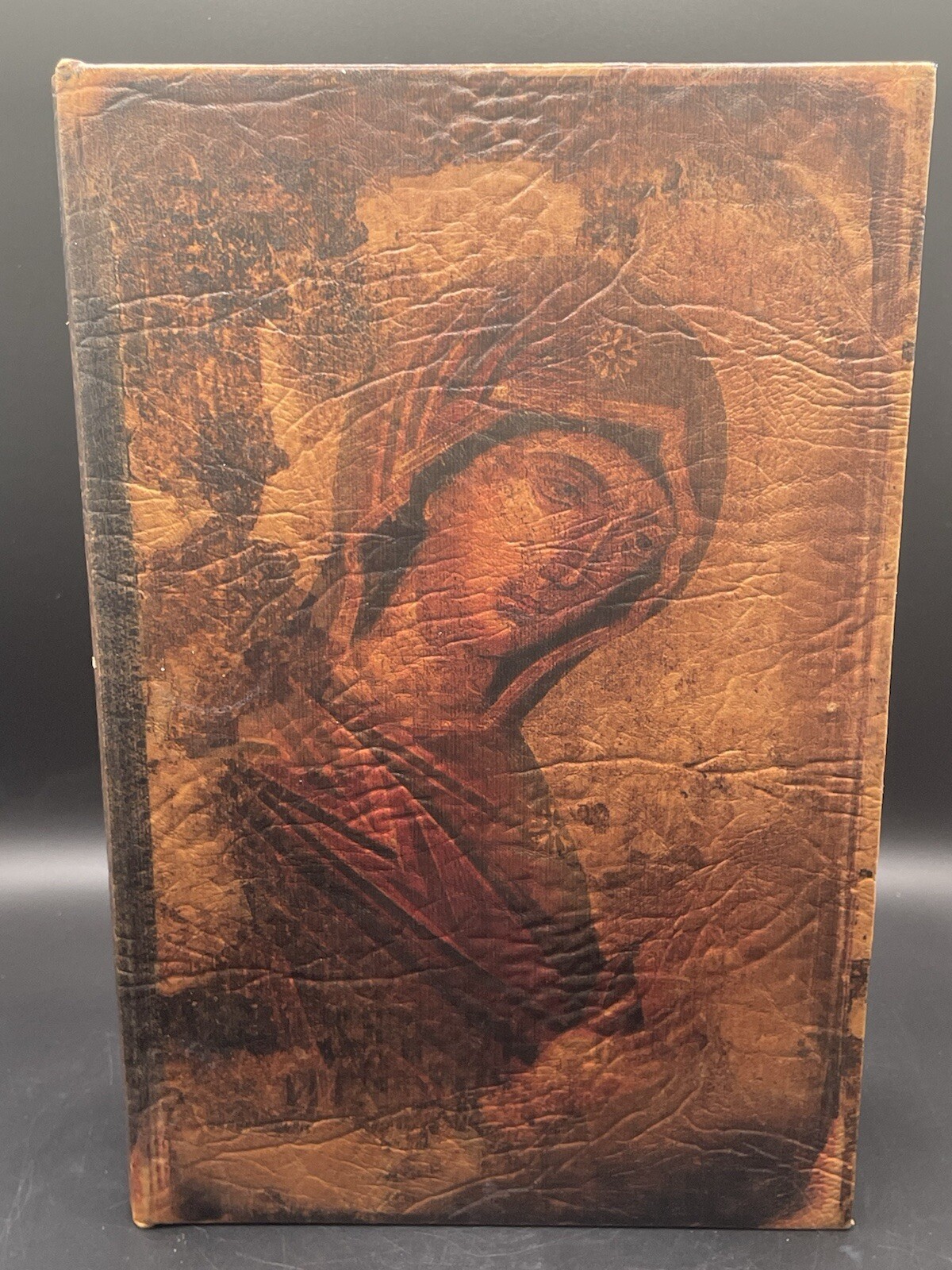 Vtg Leather Faux Book Keepsake Box with Classical Lithograph Scene Very Rare