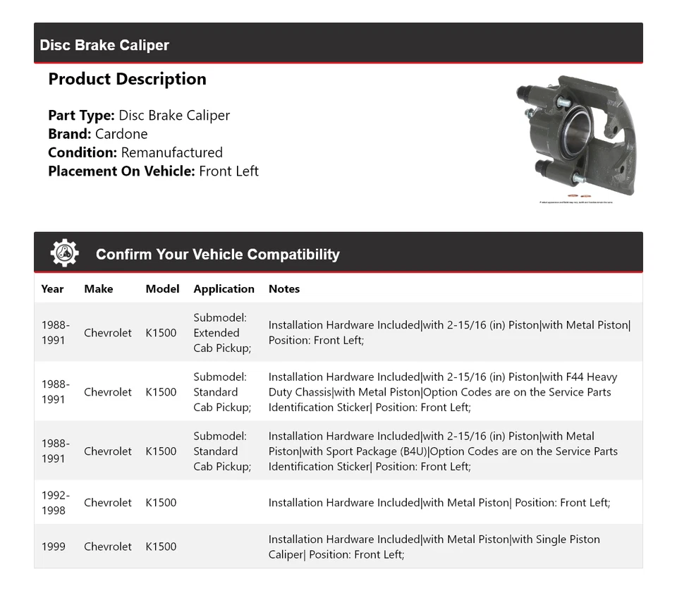Pinza de freno de disco delantera izquierda cardone 1989 1990 para Chevrolet K1500 1988-1999 Foto 2 de 4