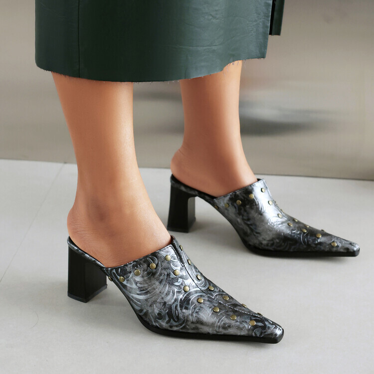 PANTOFOLA D’ORO Rivetti Pantofole Punta Quadrata Donna Moda Grosso Tacco Alto Slingback Sandali