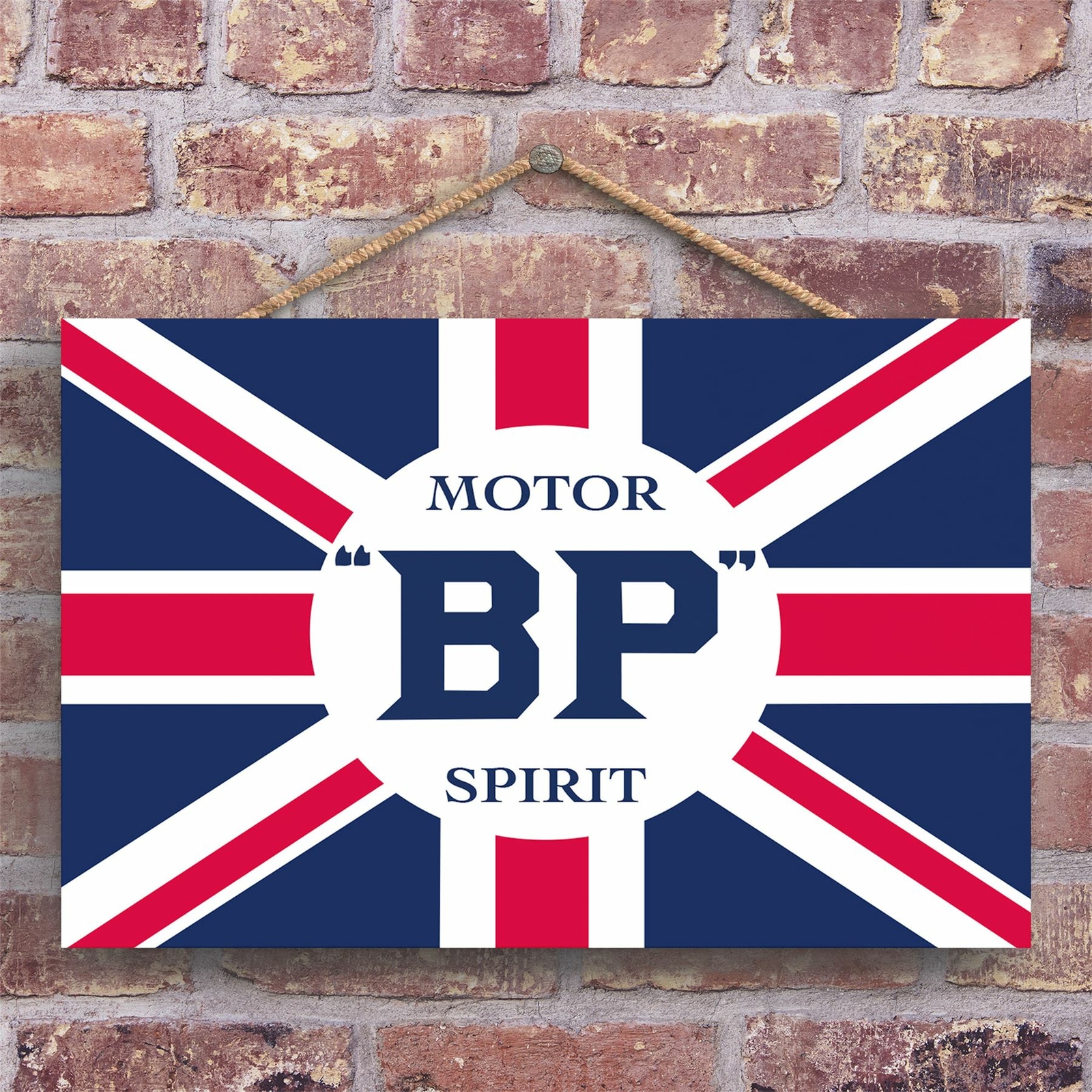 A CLASSIC BP SPIRIT UNION JACK VINTAGE AD ON A WOODEN PLAQUE